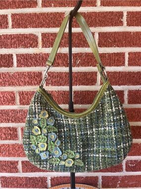 Vintage Tweed Minicci Green Blue Embroidered Floral Hobo Shoulder Bag Y2K
